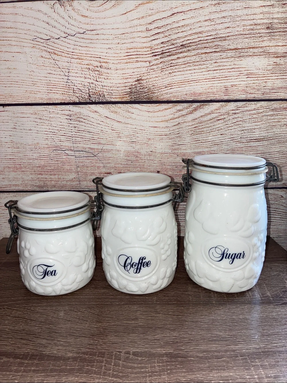 Vintage Wheaten White Ceramic Tea, Coffee & Sugar Canister Set /Airtight Lids